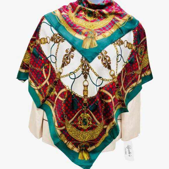 Beautiful GIOVANNI TESTI 100% SILKSCARF satin 34Ggreen read gold gold chain